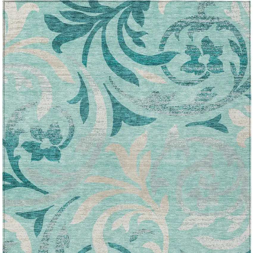 Teal Blue Aqua And Beige Floral Washable Indoor Outdoor Area Rug Photo 6