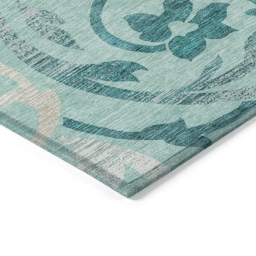 Teal Blue Aqua And Beige Floral Washable Indoor Outdoor Area Rug Photo 3