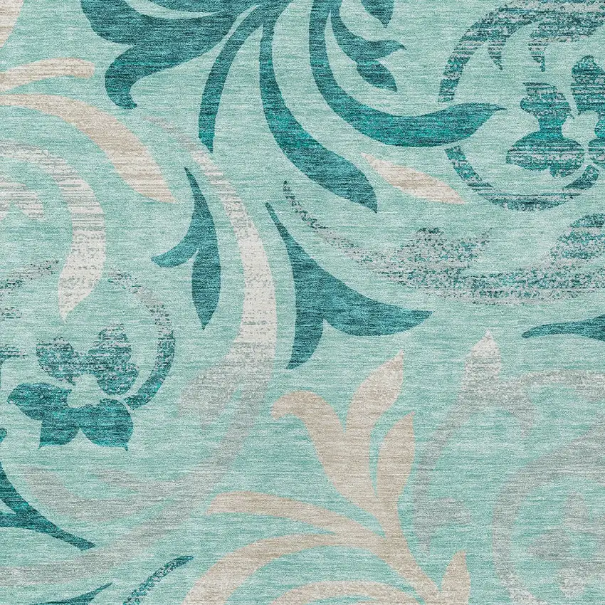 Teal Blue Aqua And Beige Floral Washable Indoor Outdoor Area Rug Photo 5