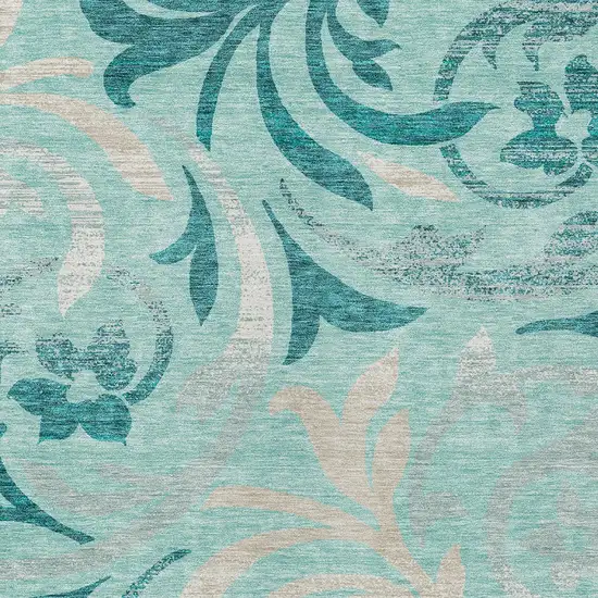 Teal Blue Aqua And Beige Floral Washable Indoor Outdoor Area Rug Photo 5