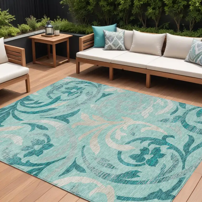 Teal Blue Aqua And Beige Floral Washable Indoor Outdoor Area Rug Photo 1