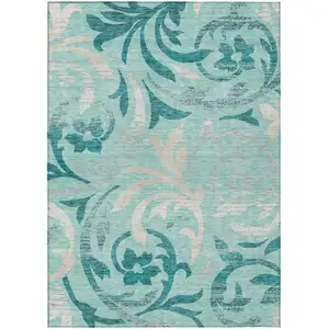 Photo of Teal Blue Aqua And Beige Floral Washable Indoor Outdoor Area Rug