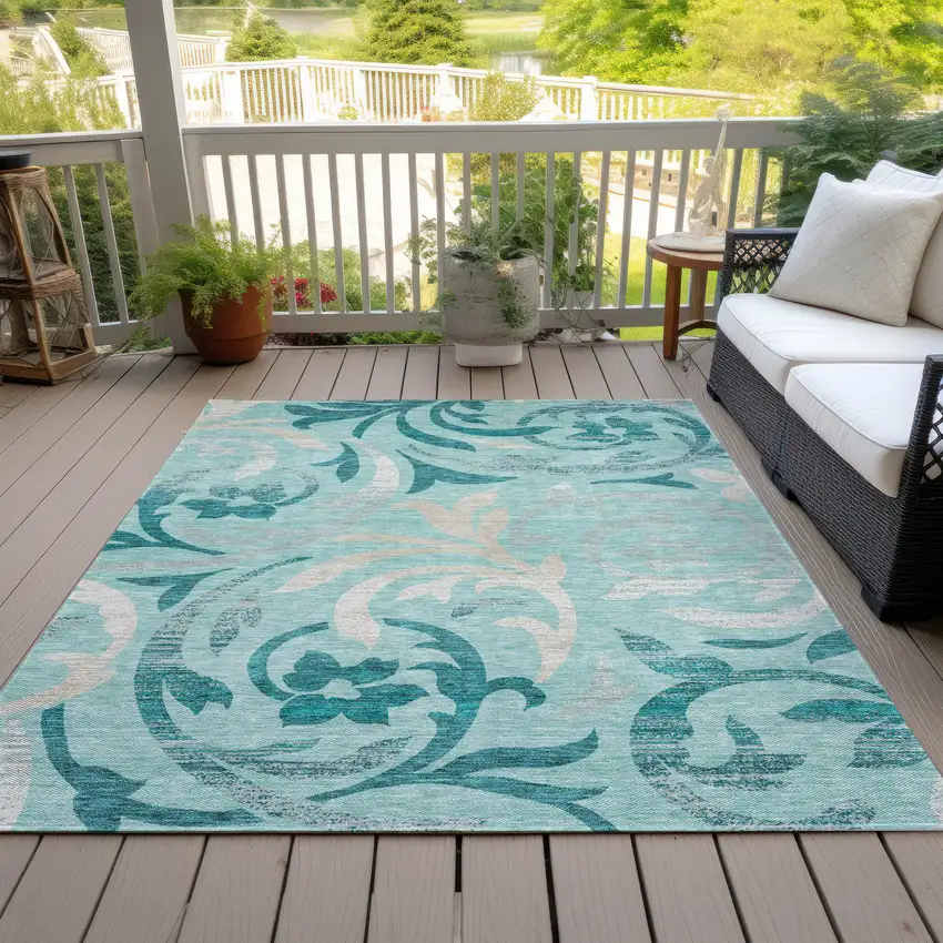 Teal Blue Aqua And Beige Floral Washable Indoor Outdoor Area Rug Photo 7