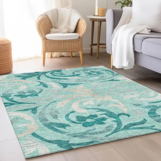 Teal Blue Aqua And Beige Floral Washable Indoor Outdoor Area Rug Photo 8