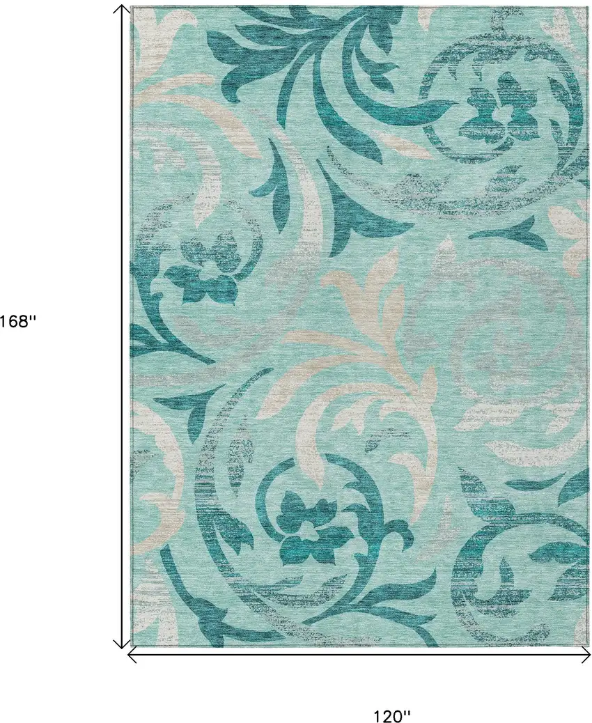 Teal Blue Aqua And Beige Floral Washable Indoor Outdoor Area Rug Photo 3
