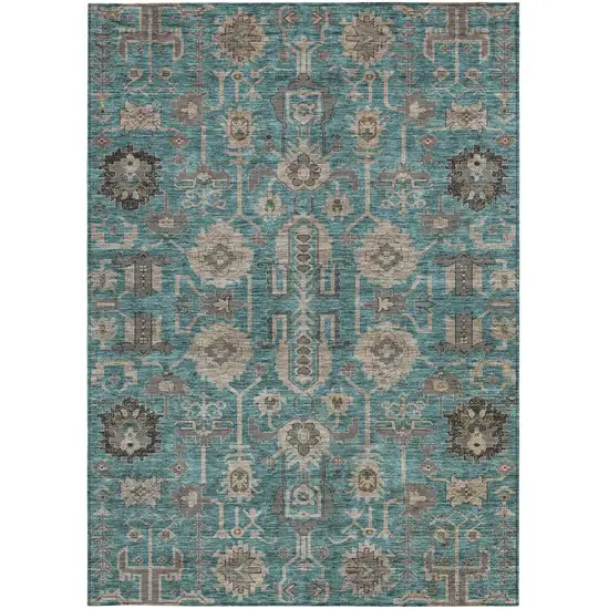 Teal Blue Aqua And Beige Oriental Washable Indoor Outdoor Area Rug Photo 6