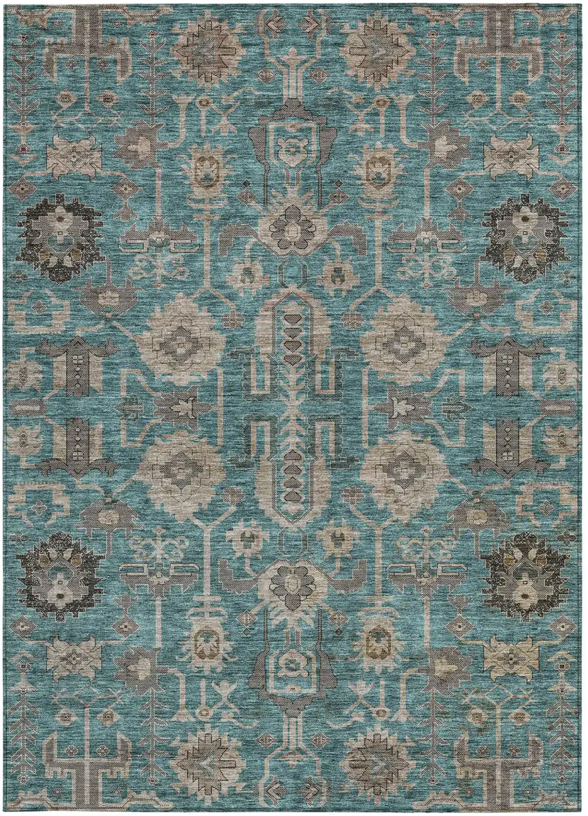 Teal Blue Aqua And Beige Oriental Washable Indoor Outdoor Area Rug Photo 6