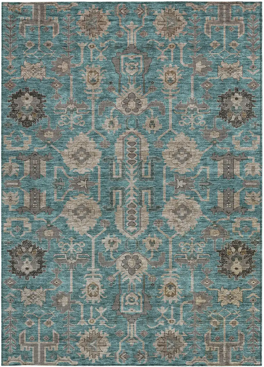 Teal Blue Aqua And Beige Oriental Washable Indoor Outdoor Area Rug Photo 6