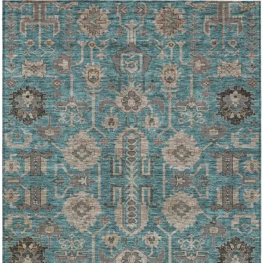 Teal Blue Aqua And Beige Oriental Washable Indoor Outdoor Area Rug Photo 5