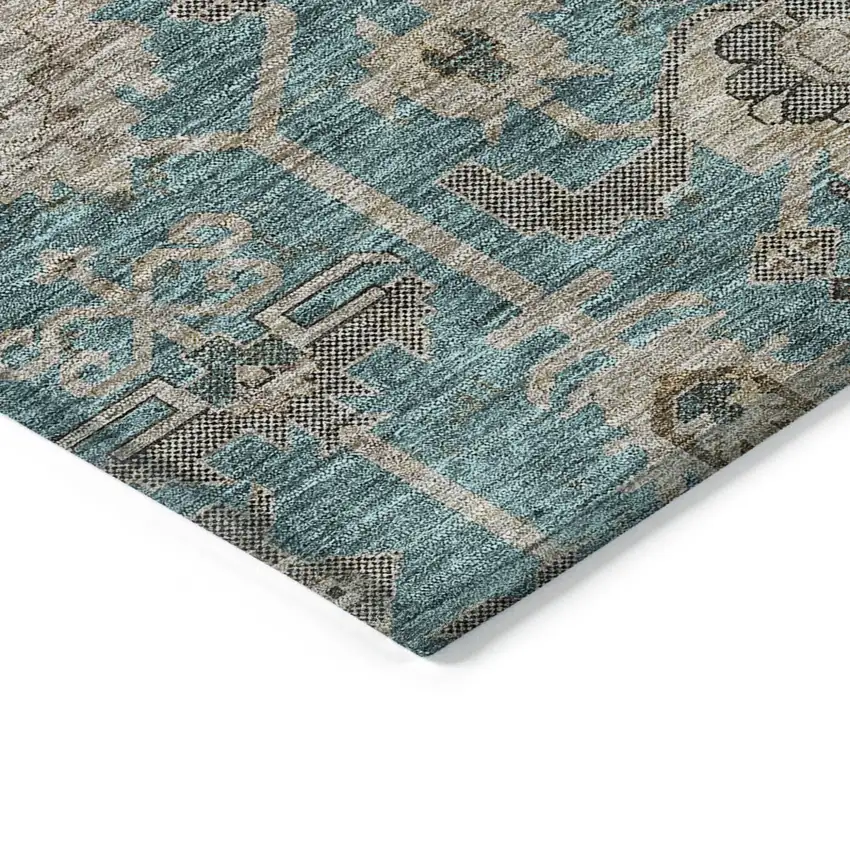 Teal Blue Aqua And Beige Oriental Washable Indoor Outdoor Area Rug Photo 3