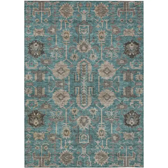 Teal Blue Aqua And Beige Oriental Washable Indoor Outdoor Area Rug Photo 1
