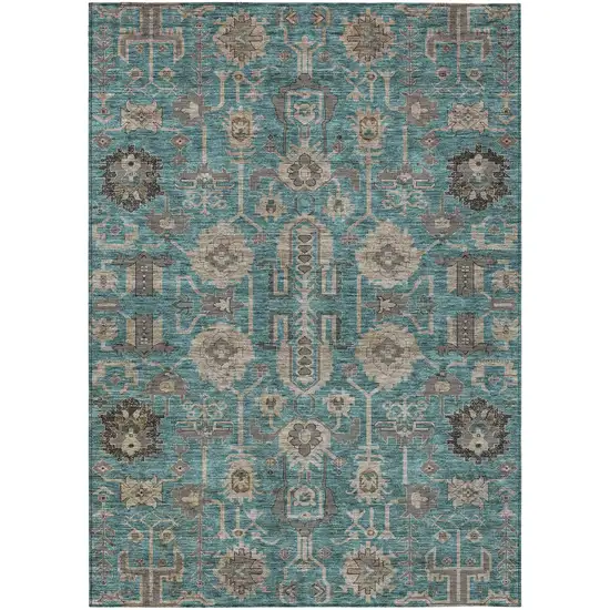 Teal Blue Aqua And Beige Oriental Washable Indoor Outdoor Area Rug Photo 1