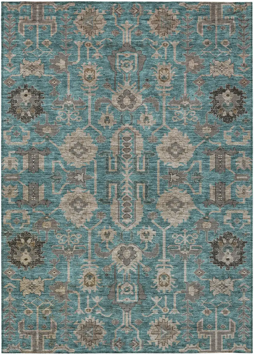 Teal Blue Aqua And Beige Oriental Washable Indoor Outdoor Area Rug Photo 1