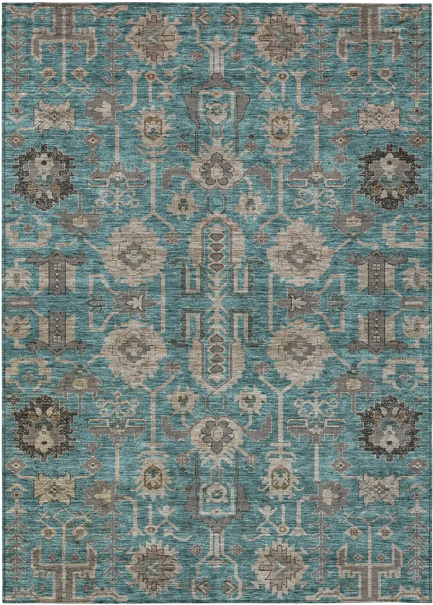 Teal Blue Aqua And Beige Oriental Washable Indoor Outdoor Area Rug Photo 1