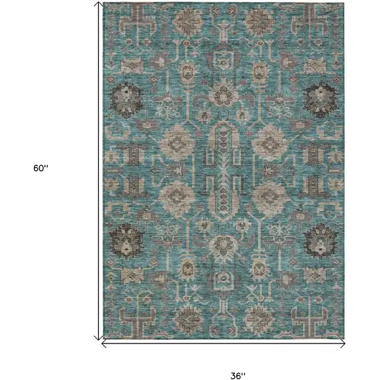 Teal Blue Aqua And Beige Oriental Washable Indoor Outdoor Area Rug Photo 3