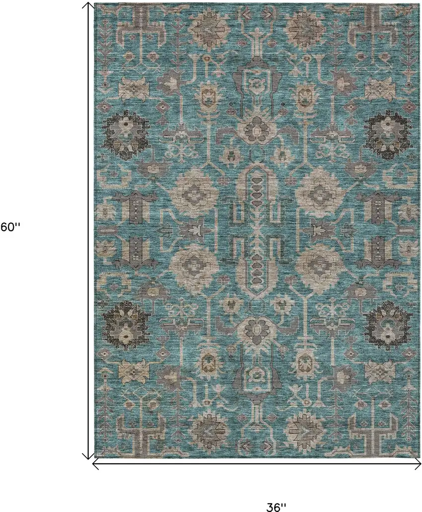 Teal Blue Aqua And Beige Oriental Washable Indoor Outdoor Area Rug Photo 3