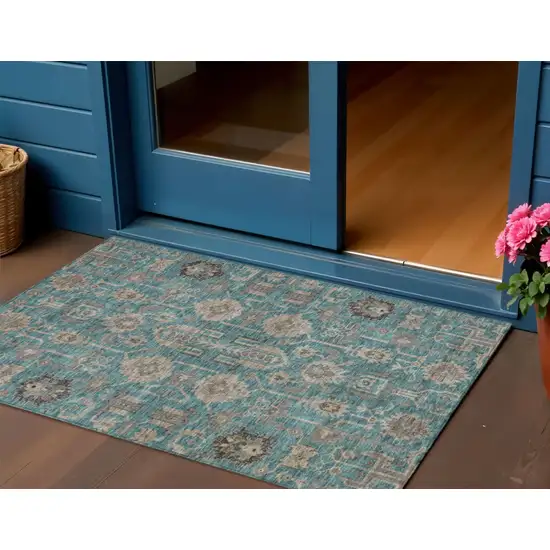 Teal Blue Aqua And Beige Oriental Washable Indoor Outdoor Area Rug Photo 1