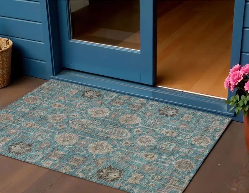 Teal Blue Aqua And Beige Oriental Washable Indoor Outdoor Area Rug Photo 1