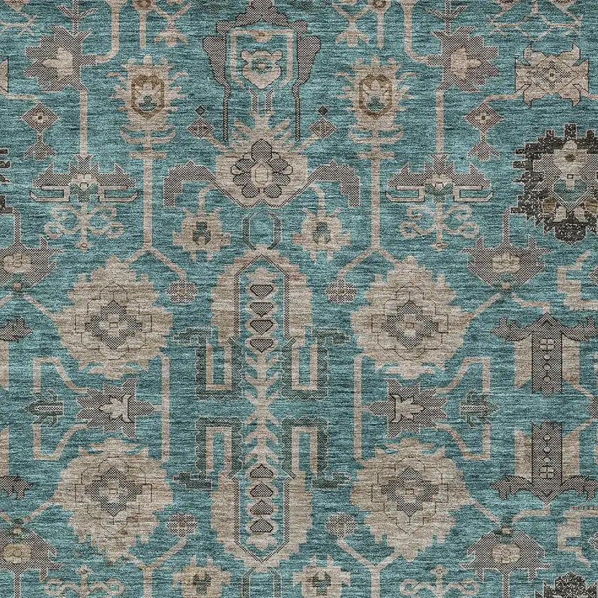 Teal Blue Aqua And Beige Oriental Washable Indoor Outdoor Area Rug Photo 5