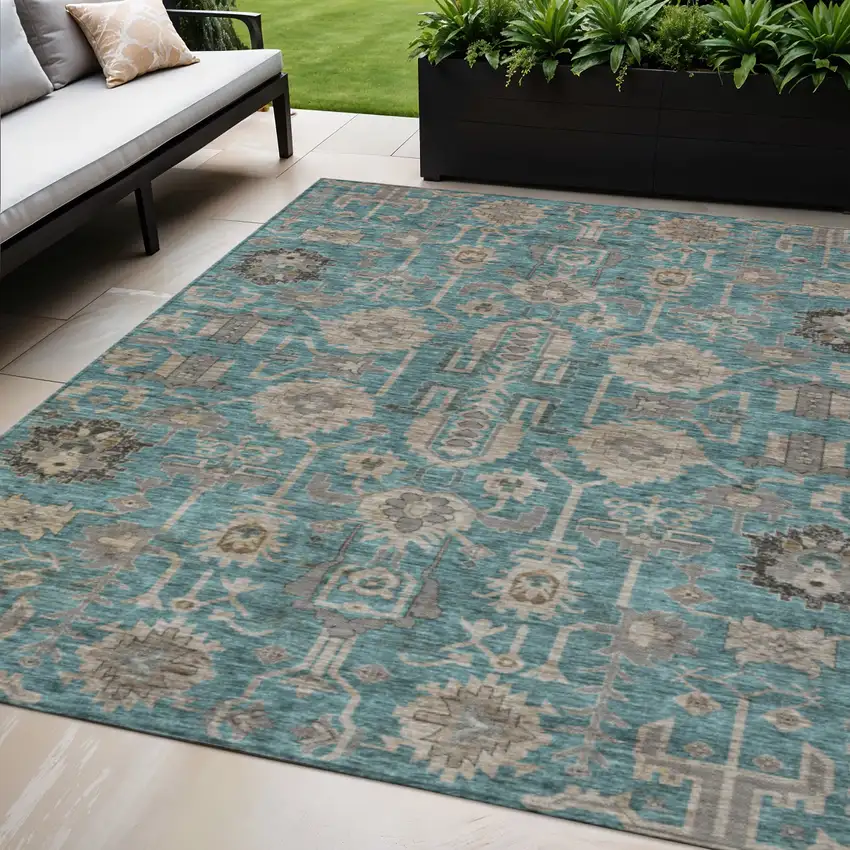 Teal Blue Aqua And Beige Oriental Washable Indoor Outdoor Area Rug Photo 1