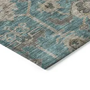 Photo of Teal Blue Aqua And Beige Oriental Washable Indoor Outdoor Area Rug