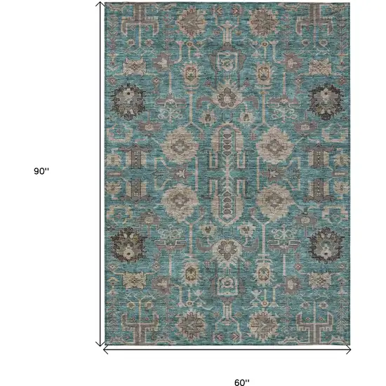 Teal Blue Aqua And Beige Oriental Washable Indoor Outdoor Area Rug Photo 3