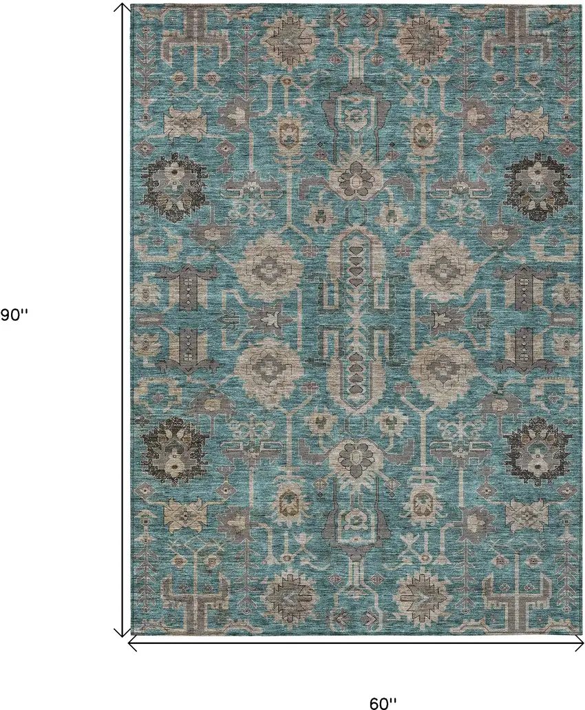 Teal Blue Aqua And Beige Oriental Washable Indoor Outdoor Area Rug Photo 3