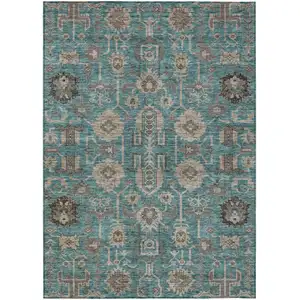 Photo of Teal Blue Aqua And Beige Oriental Washable Indoor Outdoor Area Rug
