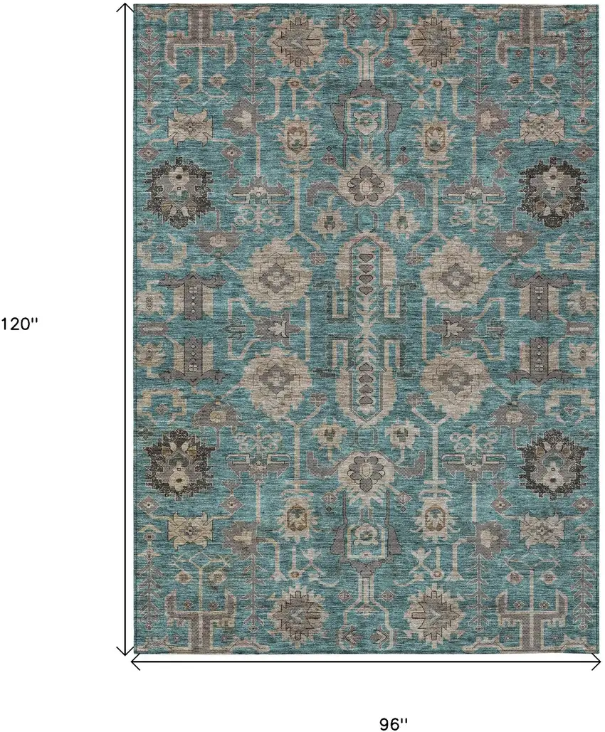 Teal Blue Aqua And Beige Oriental Washable Indoor Outdoor Area Rug Photo 3