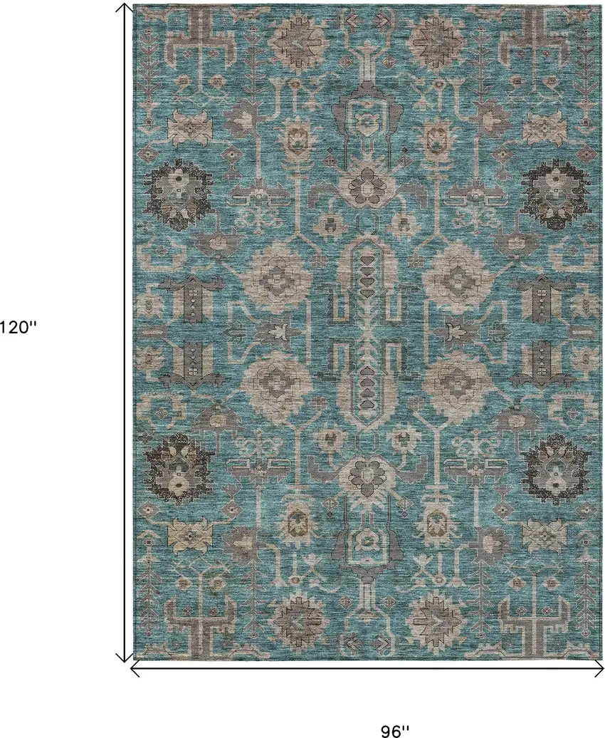 Teal Blue Aqua And Beige Oriental Washable Indoor Outdoor Area Rug Photo 3