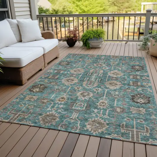 Teal Blue Aqua And Beige Oriental Washable Indoor Outdoor Area Rug Photo 7
