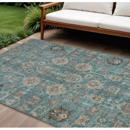 Teal Blue Aqua And Beige Oriental Washable Indoor Outdoor Area Rug Photo 1