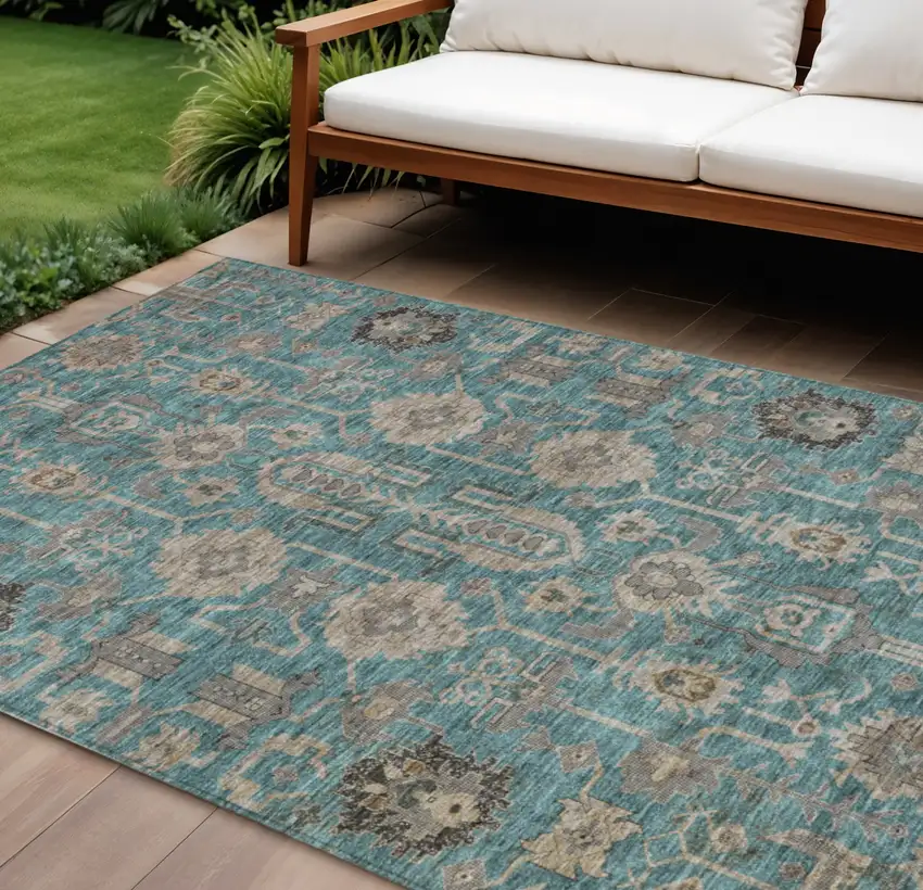Teal Blue Aqua And Beige Oriental Washable Indoor Outdoor Area Rug Photo 1