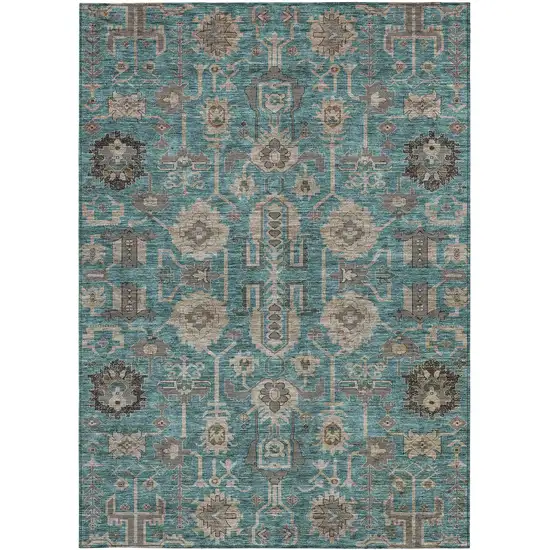 Teal Blue Aqua And Beige Oriental Washable Indoor Outdoor Area Rug Photo 6