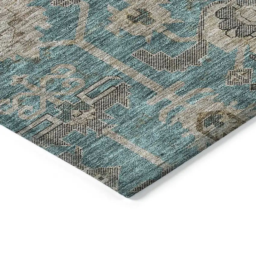 Teal Blue Aqua And Beige Oriental Washable Indoor Outdoor Area Rug Photo 3
