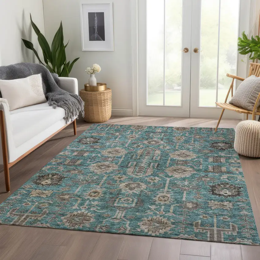 Teal Blue Aqua And Beige Oriental Washable Indoor Outdoor Area Rug Photo 8