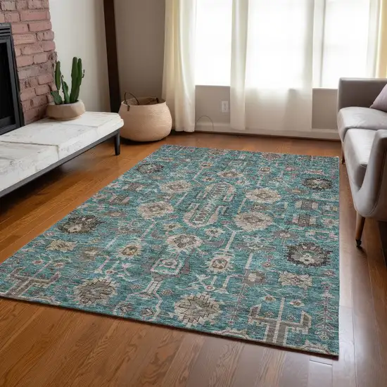 Teal Blue Aqua And Beige Oriental Washable Indoor Outdoor Area Rug Photo 9
