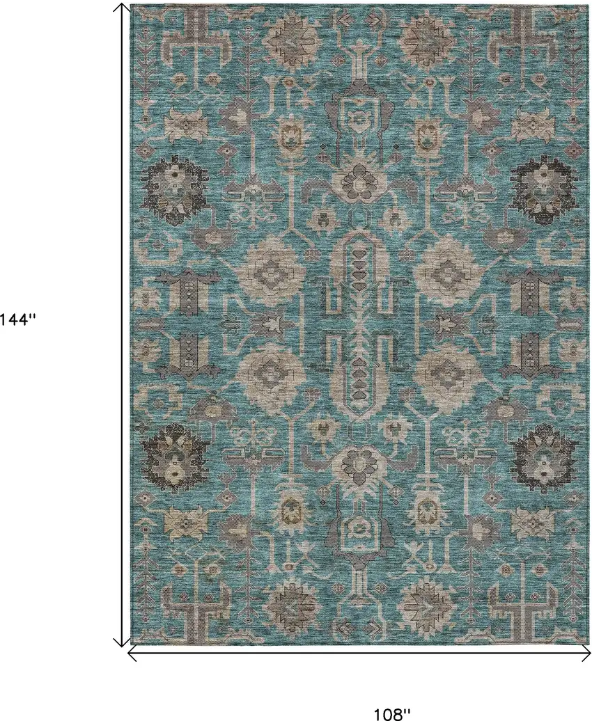 Teal Blue Aqua And Beige Oriental Washable Indoor Outdoor Area Rug Photo 3