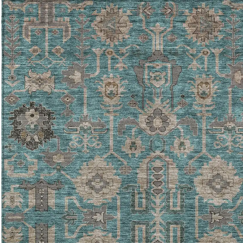 Teal Blue Aqua And Beige Oriental Washable Indoor Outdoor Area Rug Photo 5
