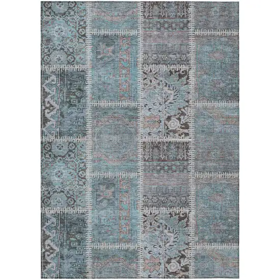 Teal Blue Aqua And Beige Patchwork Washable Indoor Outdoor Area Rug Photo 2