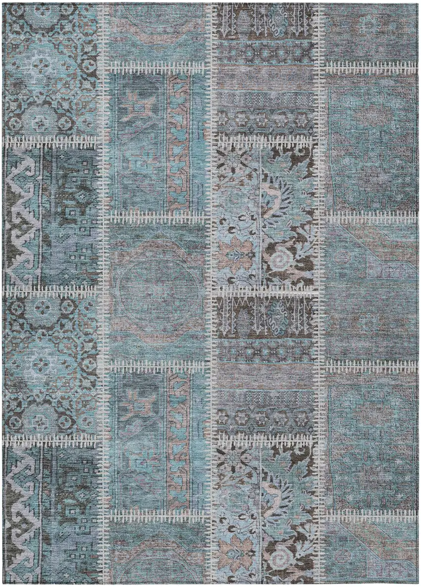 Teal Blue Aqua And Beige Patchwork Washable Indoor Outdoor Area Rug Photo 2