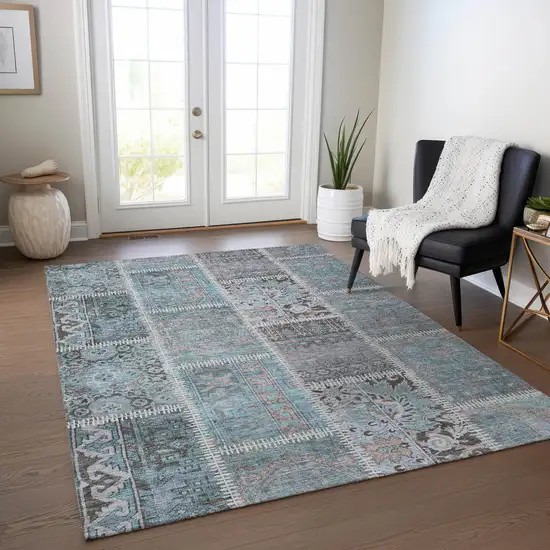 Teal Blue Aqua And Beige Patchwork Washable Indoor Outdoor Area Rug Photo 8