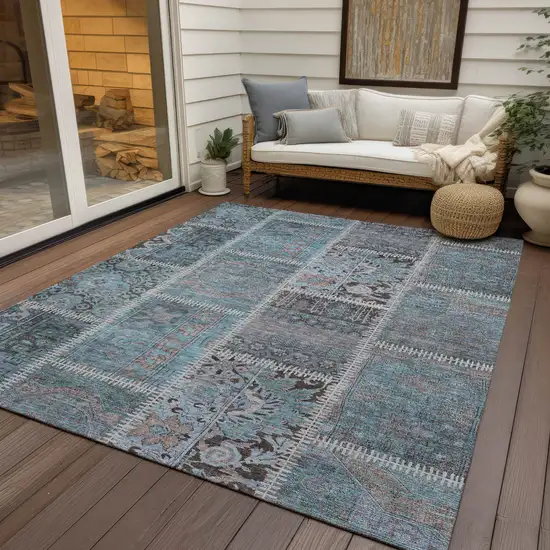 Teal Blue Aqua And Beige Patchwork Washable Indoor Outdoor Area Rug Photo 9