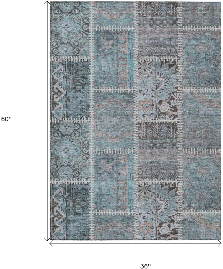 Teal Blue Aqua And Beige Patchwork Washable Indoor Outdoor Area Rug Photo 3