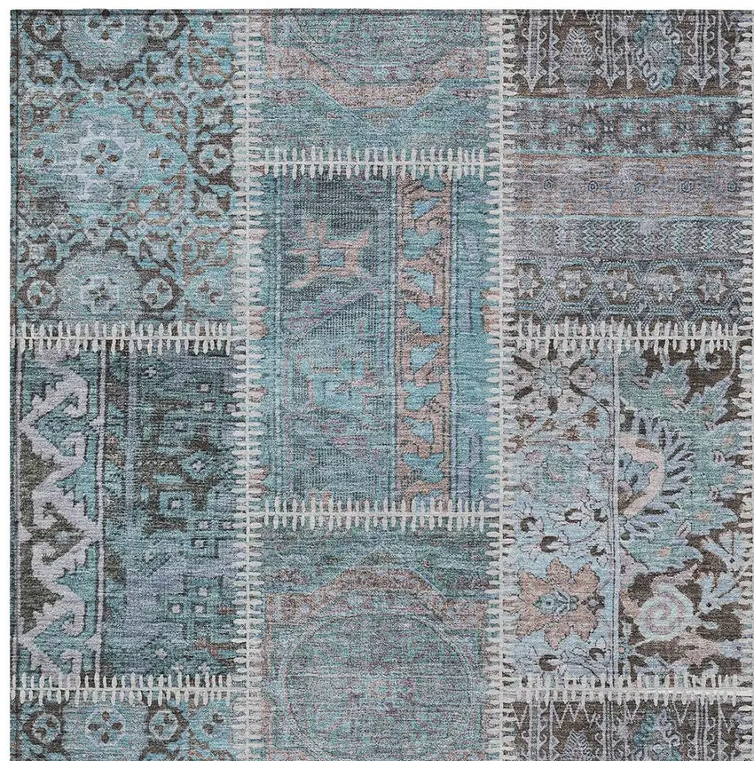 Teal Blue Aqua And Beige Patchwork Washable Indoor Outdoor Area Rug Photo 5