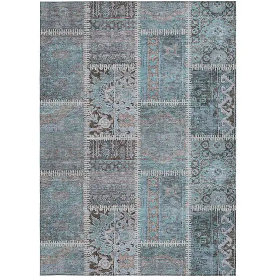 Teal Blue Aqua And Beige Patchwork Washable Indoor Outdoor Area Rug Photo 5