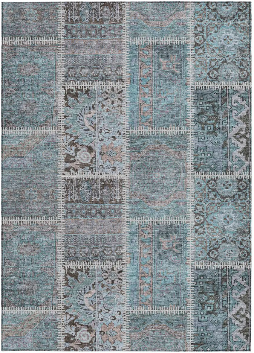 Teal Blue Aqua And Beige Patchwork Washable Indoor Outdoor Area Rug Photo 5