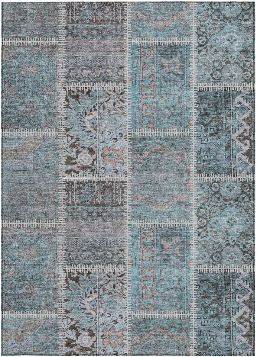 Teal Blue Aqua And Beige Patchwork Washable Indoor Outdoor Area Rug Photo 5