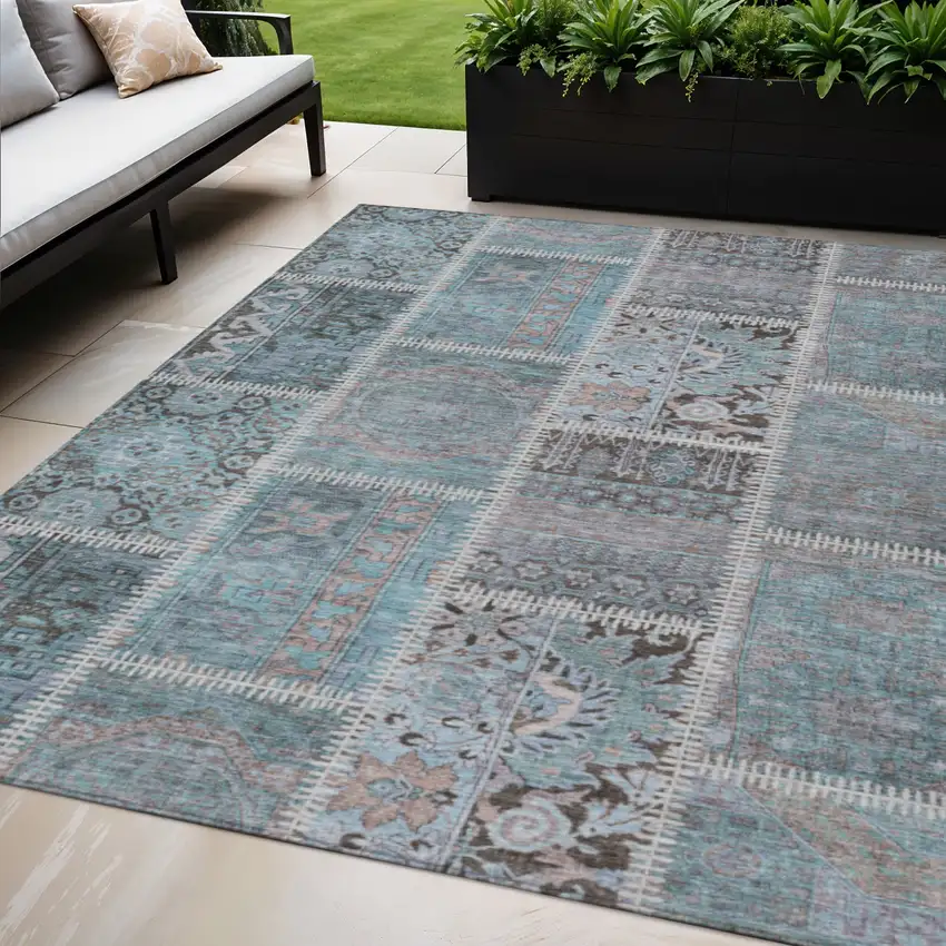 Teal Blue Aqua And Beige Patchwork Washable Indoor Outdoor Area Rug Photo 1