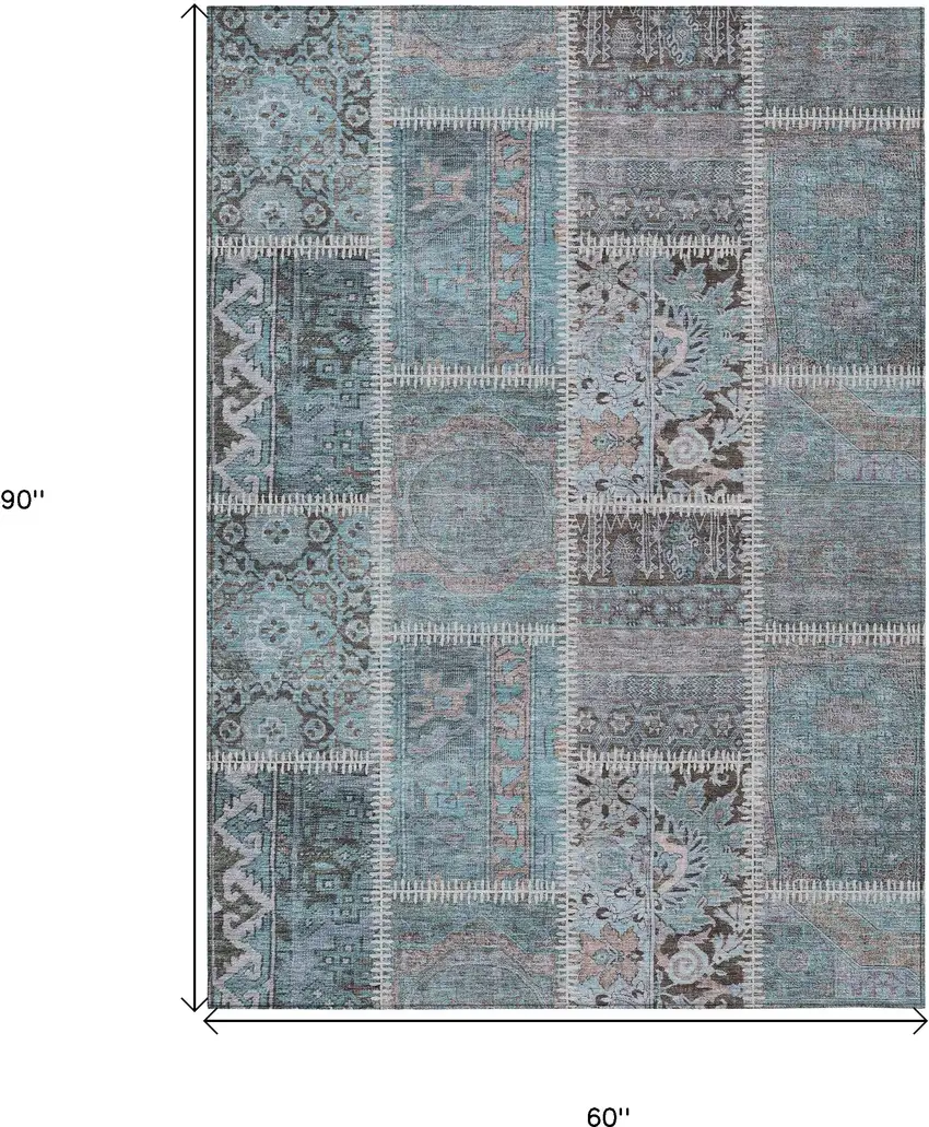 Teal Blue Aqua And Beige Patchwork Washable Indoor Outdoor Area Rug Photo 3
